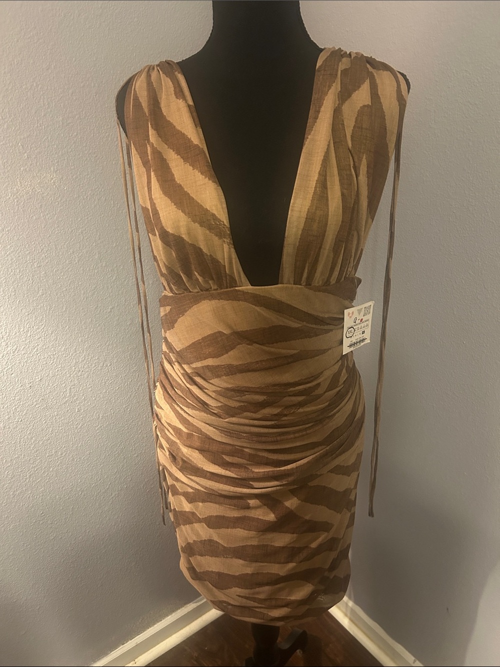 Zara Women Sleeveless Deep V-Neck Brown Zebra Print Dress Size XXL